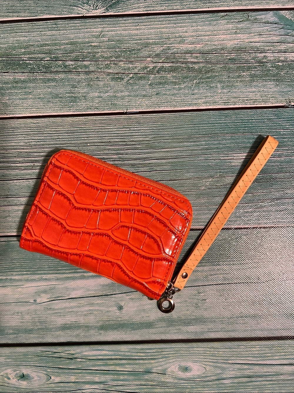 Orange Croc-Embossed Wristlet Card Wallet